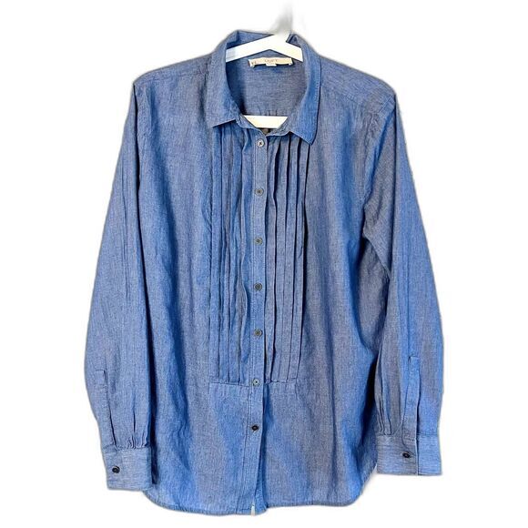 Ann Taylor Loft Blouse Women's L Blue Chambray Tuxedo‎ Bib Top - Picture 1 of 9